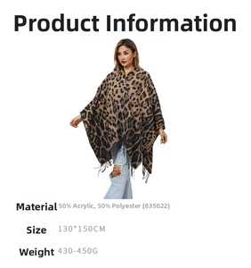 Detail of leopard print knitted shawl with tassels showing 130x150cm size specifications