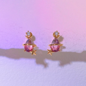 Pink moon and star stud earrings with colorful zircons and golden finish for women
