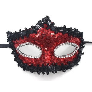 Venetian masquerade mask with red sequins, black lace trim and sparkling rhinestones