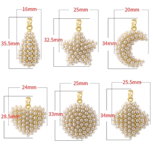 Elegant gold pearl pendants in heart star and moon shapes with detailed dimensions