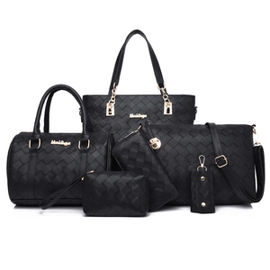 Black woven texture 5-piece bag set with tote, boston bag and gold hardware details
