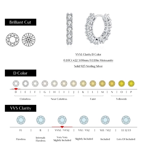 Moissanite hoop earrings in 925 sterling silver with VVS1 D color brilliant cut stones