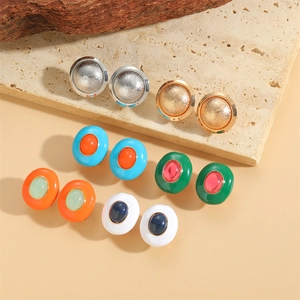 French vintage enamel oval stud earrings set with colorful drip oil in gold and silver finish