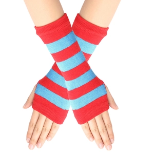 Detail of red and light blue striped knitted fingerless gloves showing texture and elasticity