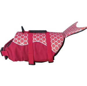 Detail of red dog life jacket featuring silver fish scale patterns and a dorsal fin