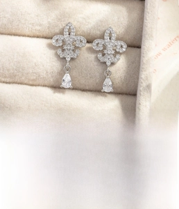 Fleur-de-lis silver drop earrings with micro-set zircons and 0.8x6mm titanium steel posts