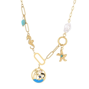 Golden ocean series necklace with starfish, seahorse pendants and baroque pearls