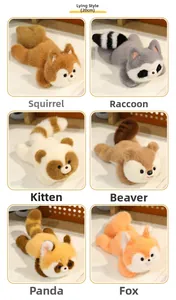 Detailed grid of six 20cm plush animals including raccoon and squirrel in lying poses