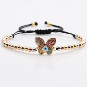 Adjustable butterfly evil eye bracelet with cubic zirconia and woven cord for women