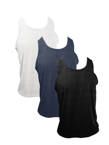 Three-pack men's athletic training tank tops in white, navy blue, and black colors