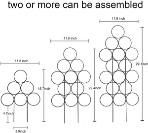 Detailed dimensions of modular black iron plant trellis in three adjustable heights