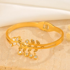 Golden butterfly bangle with leaf design and clear crystals for women's jewelry
