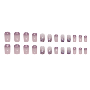 Faux ongles carrés violets dégradés avec paillettes et feuilles d'or, lot de 24