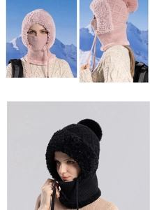 Detailed knit balaclava with fleece lining, adjustable drawstring, and fluffy pom-pom