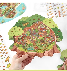 Macro shot of 2.5D tree house landscape sticker with hand-painted detailed life scenes