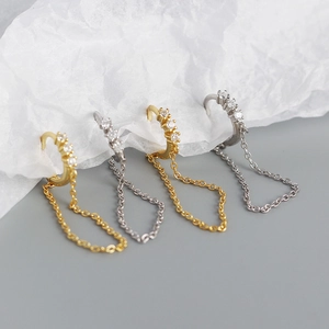Detailed view of S925 silver long tassel chain hoop earrings with cubic zirconia stones
