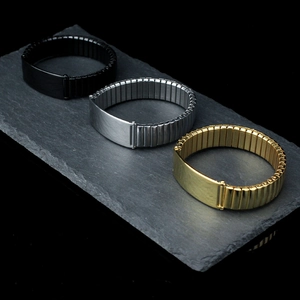 Men's stainless steel elastic watch band bracelets in black, silver, and gold finishes