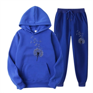 Survêtement en polaire bleu pour hommes et femmes avec imprimé pissenlit noir sur sweat