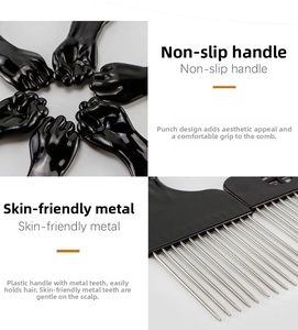 Detail of afro pick with fist handle design and long anti-static metal teeth