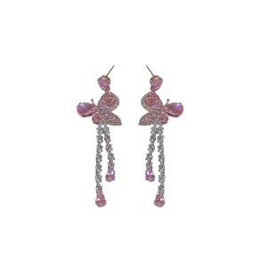 Elegant butterfly tassel earrings with pink zircon and water drop pendants on white background