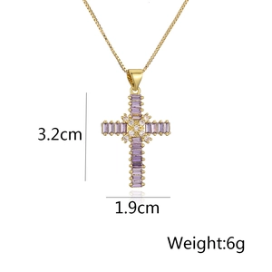 Detailed view of a gold-plated cross pendant with purple zircon and dimensions