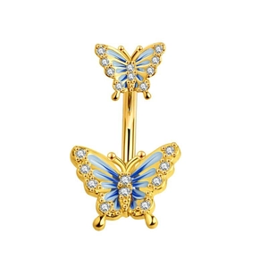 Close-up of golden belly ring featuring blue enamel double butterflies with zircon stones