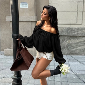 Women Off Shoulder Blouse Lantern Sleeve Polyester Chiffon Feel Tie Front Loose Sexy Long Sleeve Top Solid Color