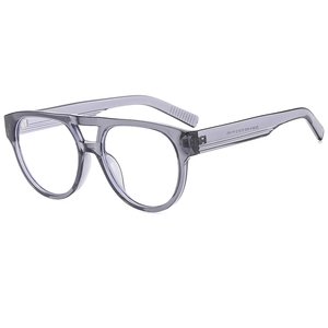 Occhiali aviator grigio trasparente a doppio ponte con cerniere in metallo su fondo bianco