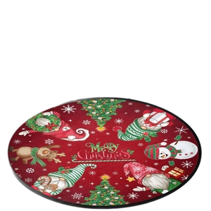 Round red Christmas rug with Merry Christmas print featuring gnomes, reindeer and snowman
