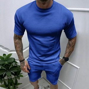 Koningsblauwe wafelgebreide set voor heren met t-shirt met korte mouwen en shorts
