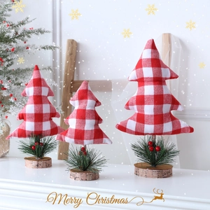 Three-piece set of red and white plaid fabric mini Christmas trees with wooden bases