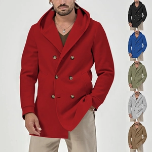 Detail view of double-breasted hooded trench coat buttons and high-quality space cotton fabric