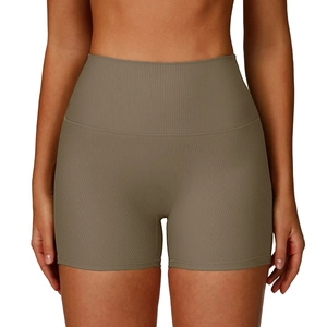 High waist ribbed athletic shorts for women in olive brown color for yoga and running
