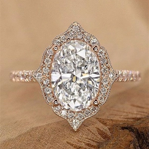 Vintage Oval Cubic Zirconia Halo Ring Rose Gold Plated Copper Engagement Wedding Jewelry Women Elegant