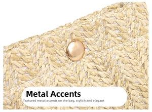 Macro shot of natural beige woven texture and round gold metal hardware on beach bag