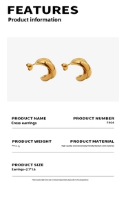 Detailed view of gold plated titanium steel cross earrings with weight and size specs