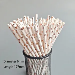 Detailed view of rose gold heart paper straws with dimensions 6mm by 197mm