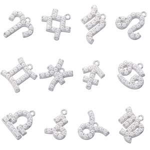 Set of 12 silver zodiac pendants featuring set pearls in a 4x3 grid layout display