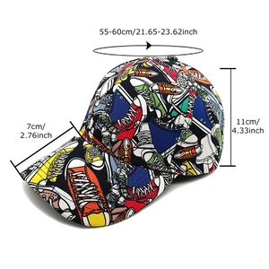 Fashion baseball cap with colorful sneaker graffiti print and size measurements guide