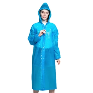 Blue reusable thickened EVA raincoat for adults featuring drawstring hood and snap buttons