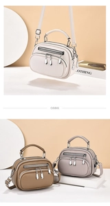 Three-color multi-layer crossbody bags in beige, brown and grey with metal zipper detail