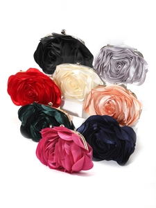 Rose Flower Satin Evening Clutch Bag Detachable Chain Strap Crossbody Wedding Party Handbag Retro Elegant Women