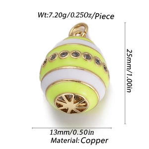 Detailed view of striped enamel egg charm with copper material and dimension labels