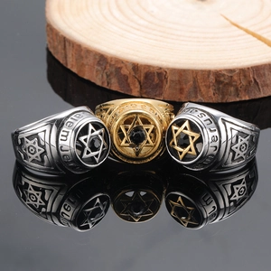 Star Of David Men Ring Titanium Stainless Steel Black Rhinestone Jerusalem Engraved Punk Hip Hop Religious Jewelry