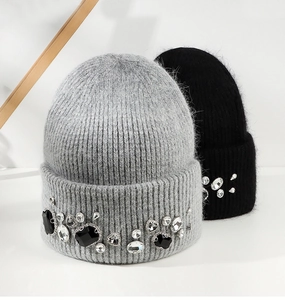 Thick angora rabbit hair knit beanie with sparkling rhinestones in grey and black colors