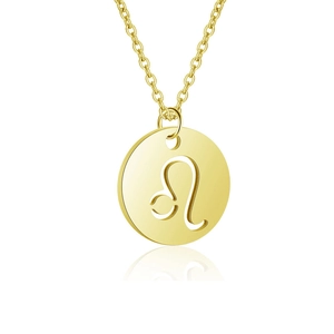 Golden Leo zodiac coin necklace with a cutout lion symbol on a fine cable chain