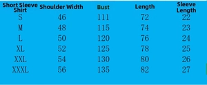 Size chart for men's short sleeve linen shirt detailing shoulder chest and length