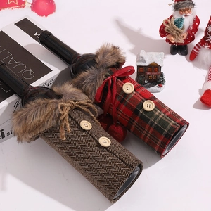 Christmas wine bottle covers in red plaid and brown herringbone with faux fur collars