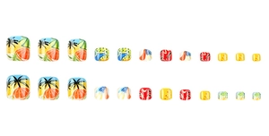 Detail view of 24 summer beach style press-on toenails with palm tree and fruit patterns