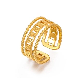 Gold triple-layer stainless steel ring with curb chain and beaded texture design